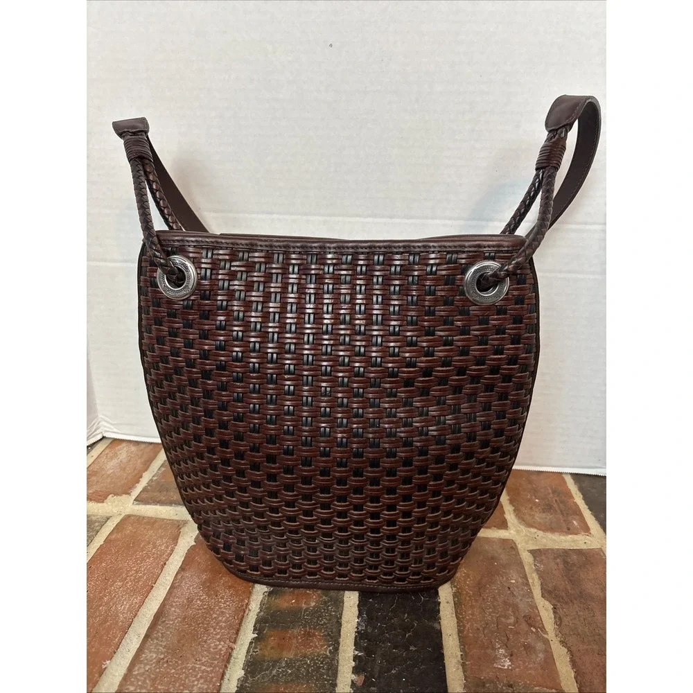Brighton brown leather basket weave bucket purse shoulder bag (T29)